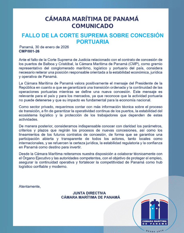 Cámara Marítima de Panamá se pronuncia sobre fallo de la Corte Suprema relacionado con concesión portuaria