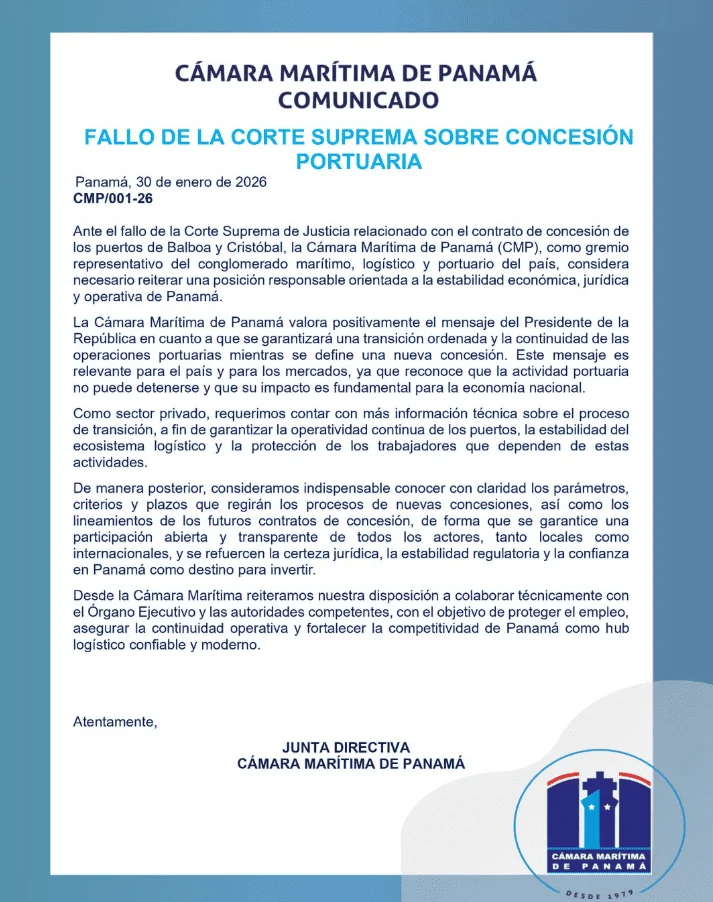 Cámara Marítima de Panamá se pronuncia sobre fallo de la Corte Suprema relacionado con concesión portuaria