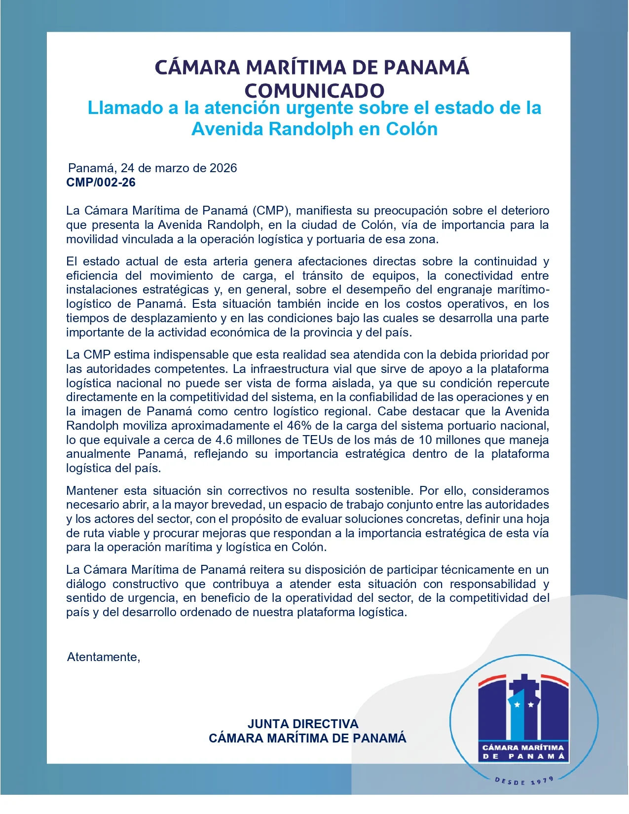 Comunicado por el estado actual de la Avenida Randolph en Colón.