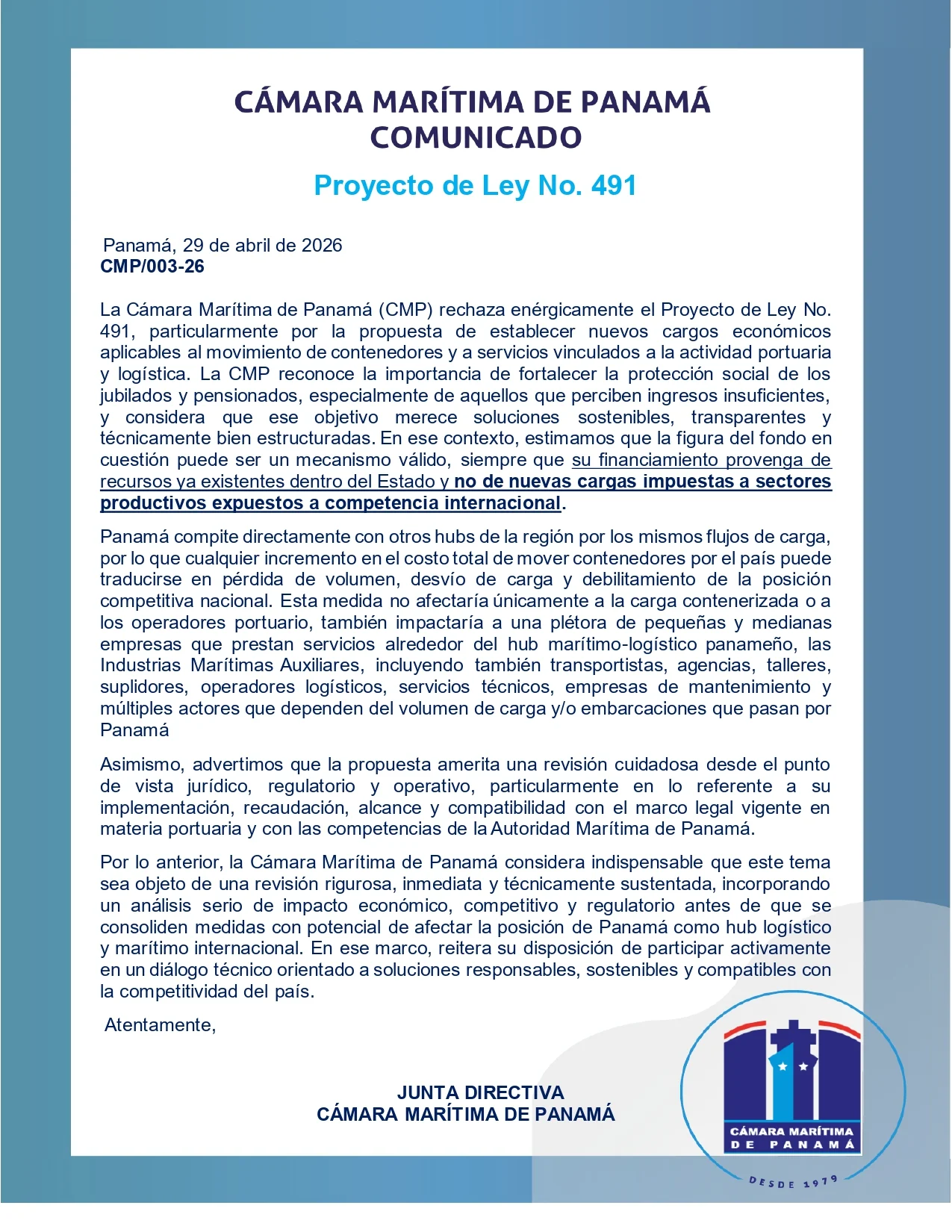 CMP rechaza Proyecto de Ley 491 por impacto en la competitividad logística