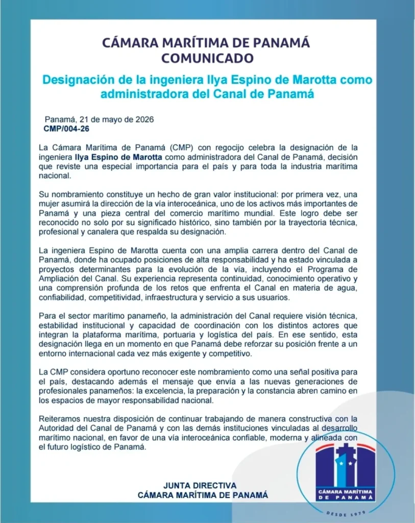 CMP reconoce designación de Ilya Espino de Marotta en el Canal de Panamá