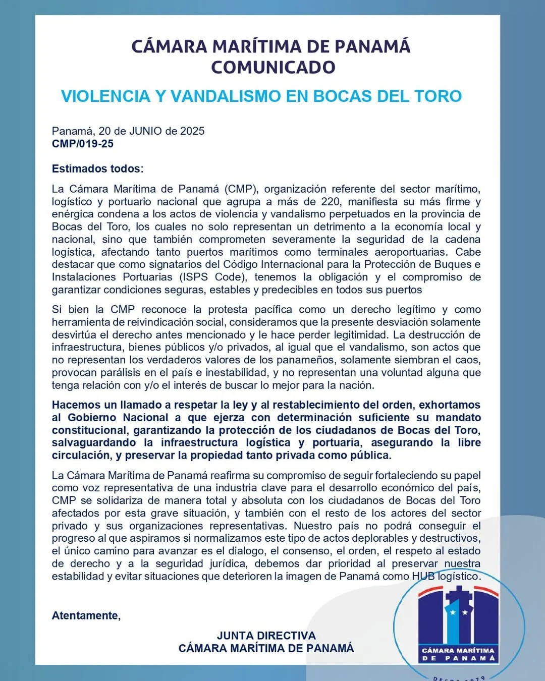 CMP condena actos de violencia y vandalismo en Bocas del Toro