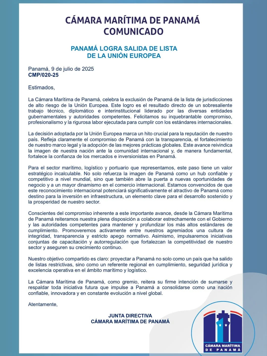 CMP destaca salida de Panamá de la lista de la Unión Europea
