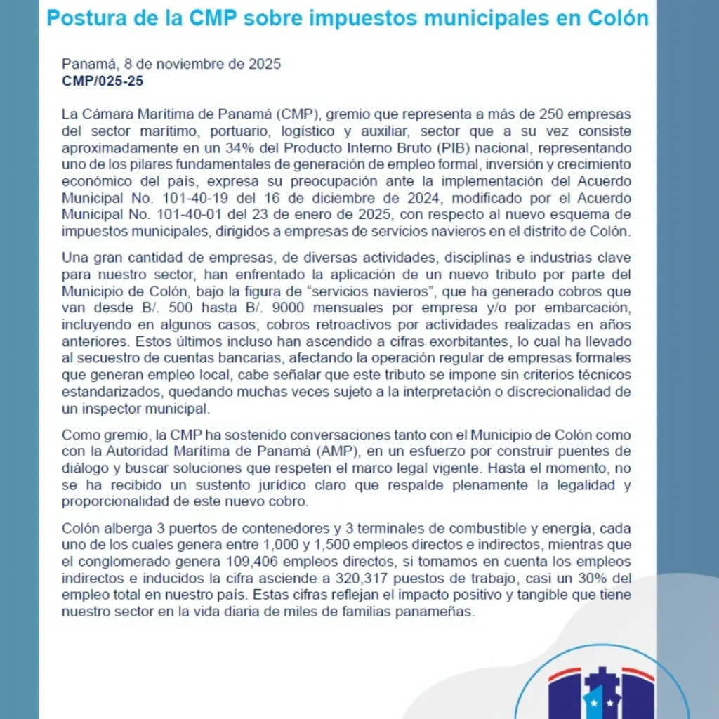CMP expresa preocupación por impuestos municipales aplicados en Colón
