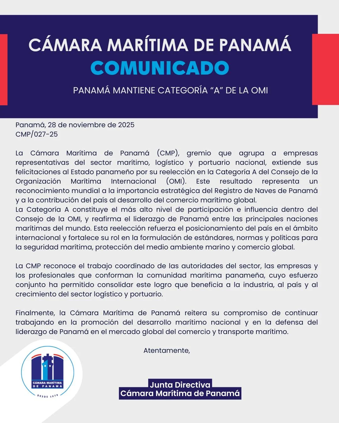 CMP destaca permanencia de Panamá en la Categoría A del Consejo de la OMI